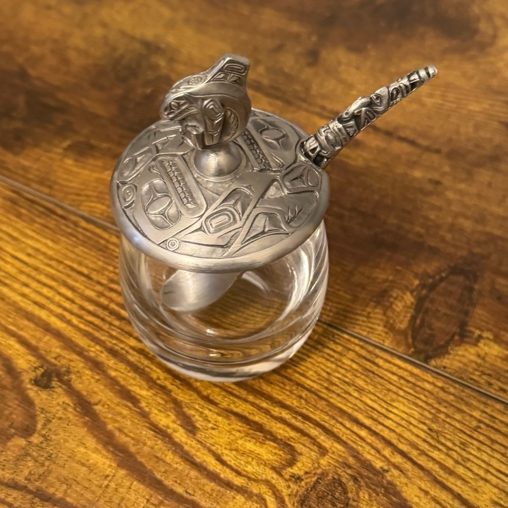 Vintage BOMA Canada‎ Pewter Totem Lidded Glass Jar with Matching Spoon